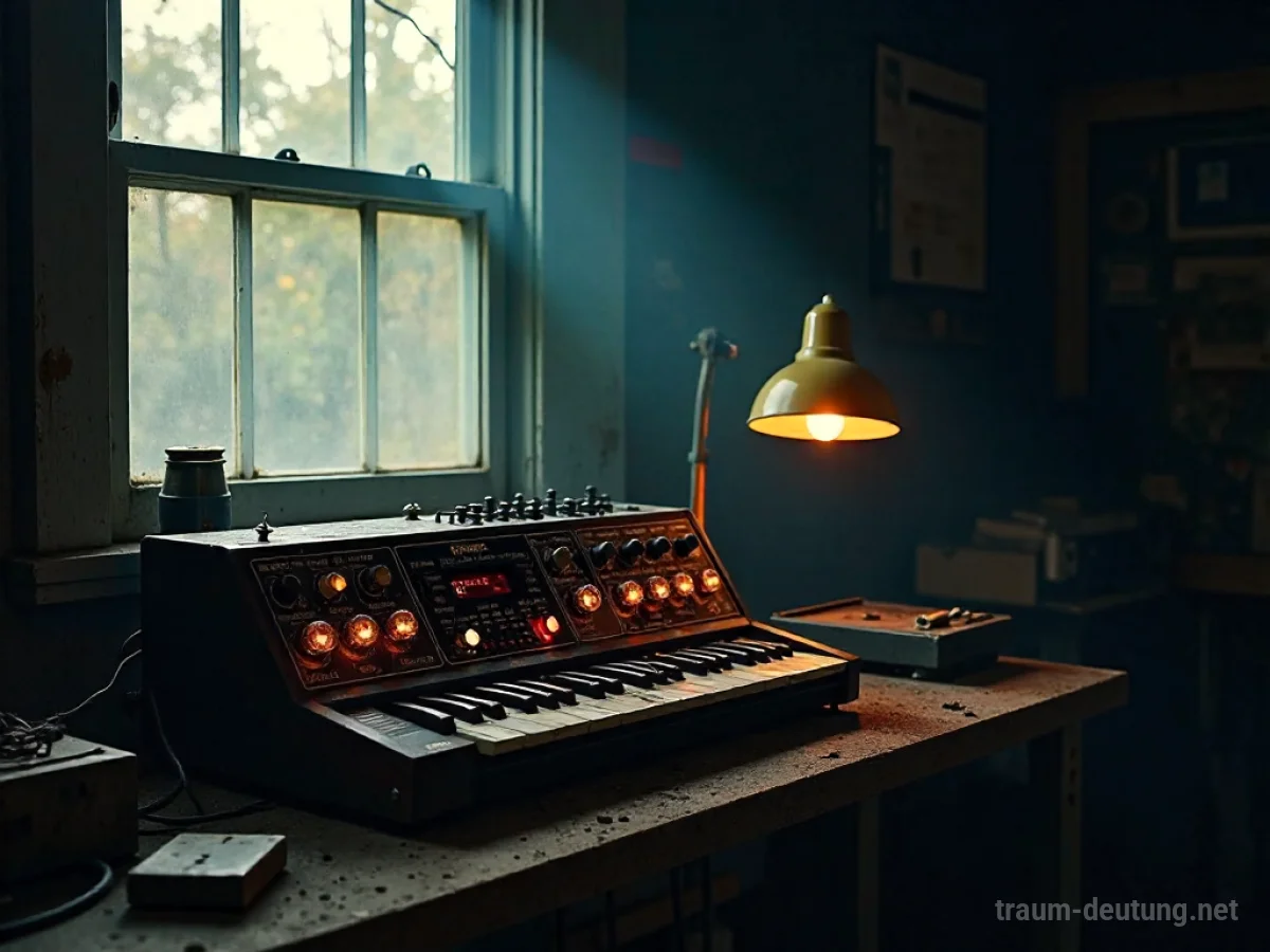 Traumsymbol Emulator: Ein alter, analoger Synthesizer mit glühenden Röhren steht auf einer staubigen Werkbank in einer schwach beleuchteten Werkstatt, beleuchtet von Mondlicht.