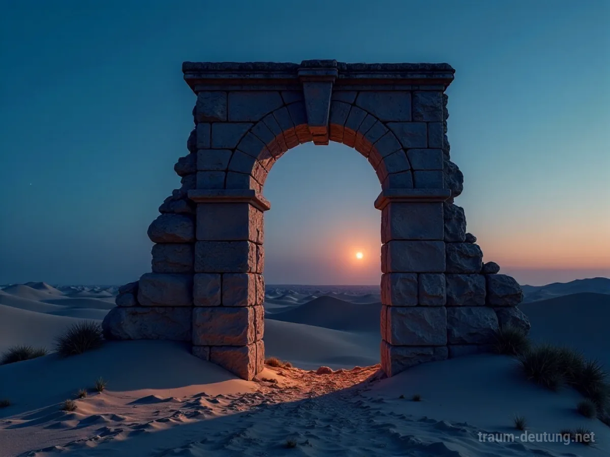 Traumsymbol Ende: Ein alter Steinbogen steht am Rand einer weiten Wüstenlandschaft im Zwielicht, mit einem geheimnisvollen Leuchten dahinter.