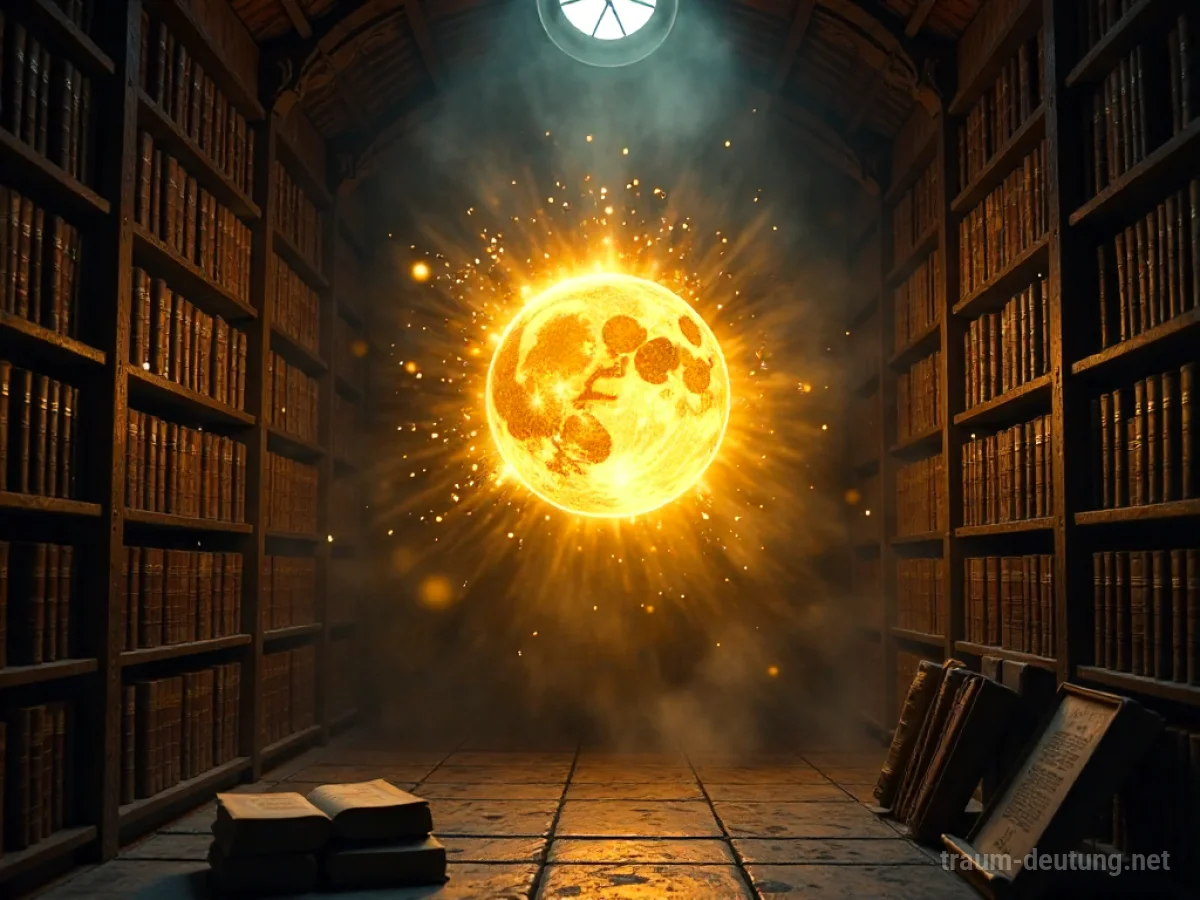 Traumsymbol Energie: Ein strahlender goldener Lichtorb schwebt in einer alten, schattigen Bibliothek, umgeben von staubigen Büchern.