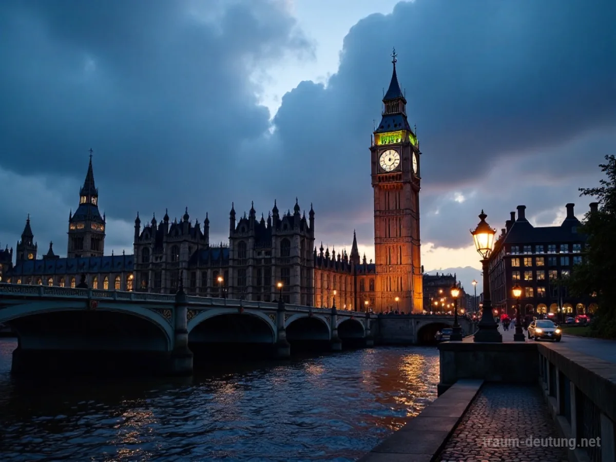 Traumsymbol England: Der majestätische Big Ben ragt in einem nebligen Abendhimmel über London auf, mit dem River Thames im Vordergrund.