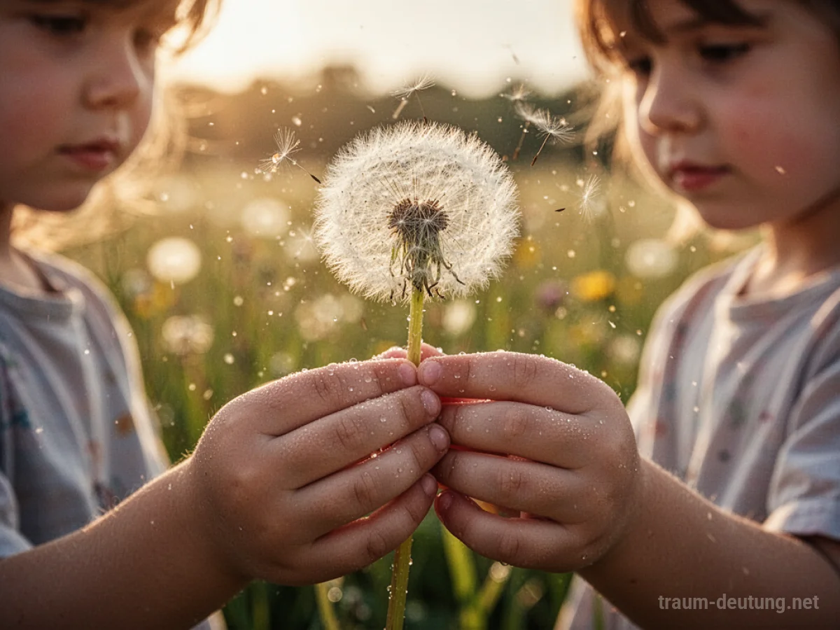 Traumsymbol Enkel: Zarte Kinderhände halten eine Pusteblume mit Tropfen im warmen Licht der goldenen Stunde.