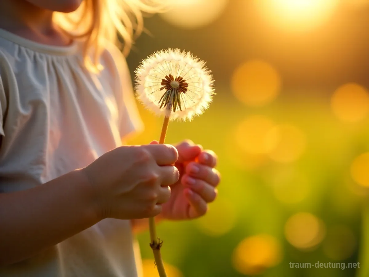 Traumsymbol Enkelkind: Zarte Hände eines Kleinkindes halten einen leuchtenden Pusteblumensamen in warmem Sonnenlicht.