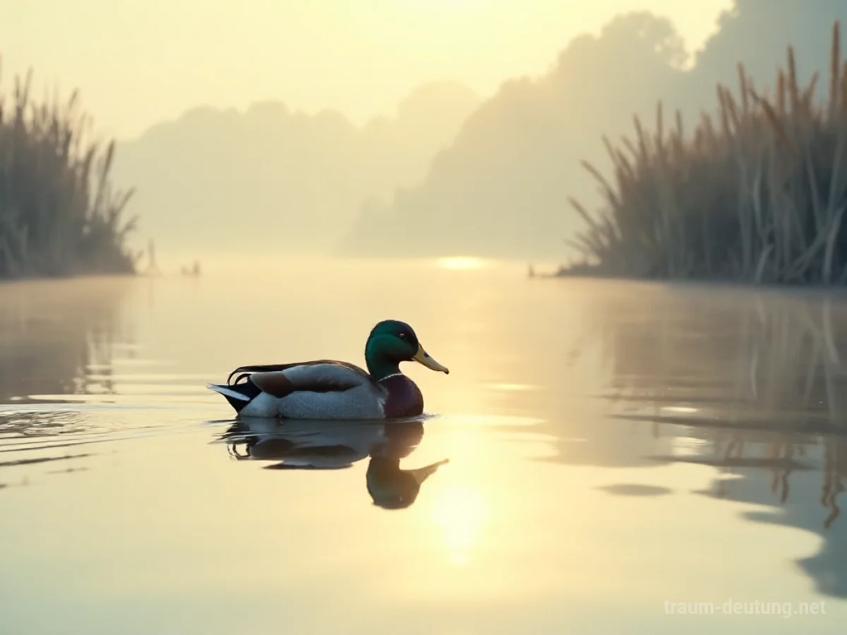 Traumsymbol Ente: Eine einzelne, ruhige Stockente gleitet über einen stillen, nebelverhangenen See im Morgengrauen, beleuchtet von sanftem Licht.
