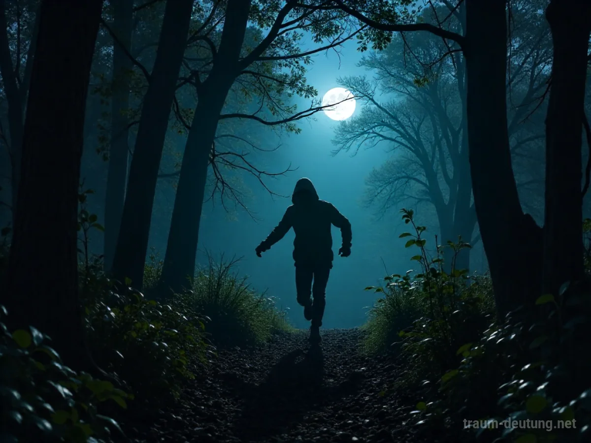 Traumsymbol Entkommen: Eine einsame Gestalt flieht verzweifelt nachts durch einen dichten, dunklen Wald, gejagt von einer unsichtbaren Bedrohung im schwindenden Mondlicht.