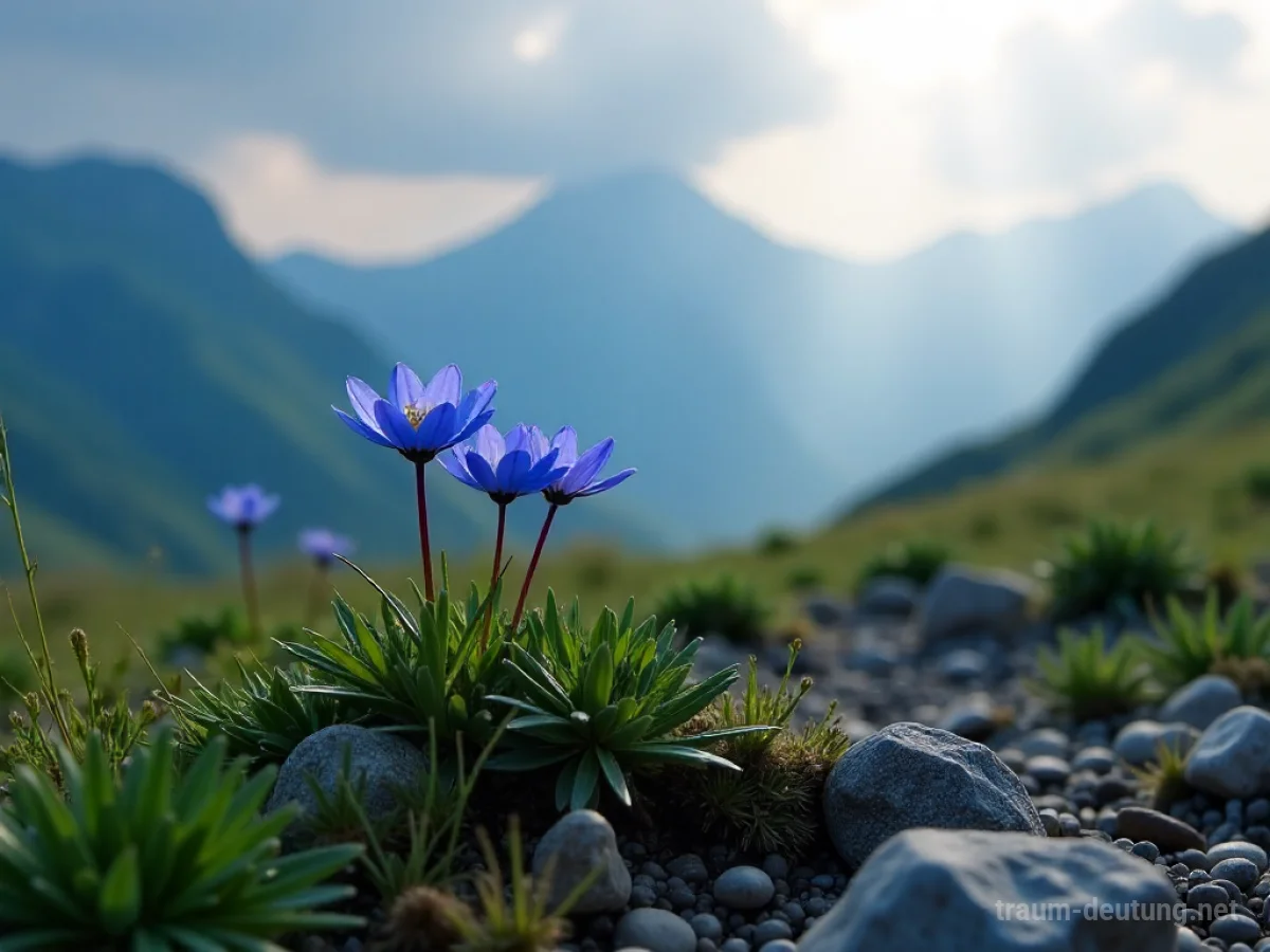 Traumsymbol Enzian: Leuchtend blaue Enzianblüten wachsen auf felsigem Almwiesenboden, umgeben von nebelverhangenen Berggipfeln im diffusen Sonnenlicht.