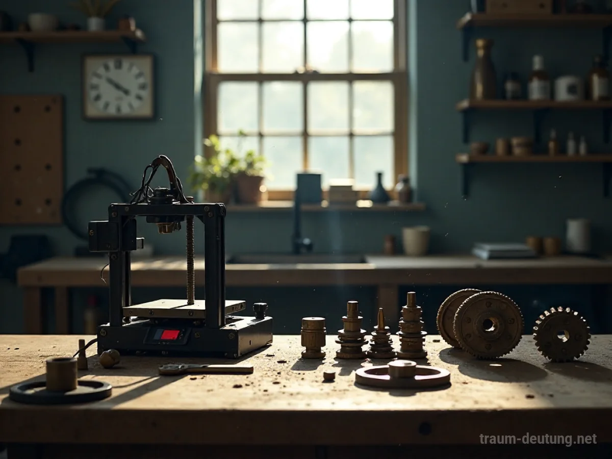 Traumsymbol Equipment: Eine Ansammlung von Werkzeugen und Maschinen wie ein alter Schraubenschlüssel, ein 3D-Drucker und Zahnräder auf einer Werkbank im Sonnenlicht.