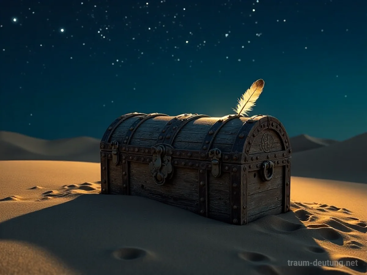 Traumsymbol Erbe: Eine antike Holztruhe liegt halb im Sand, beleuchtet vom Mondlicht unter einem sternenklaren Himmel.