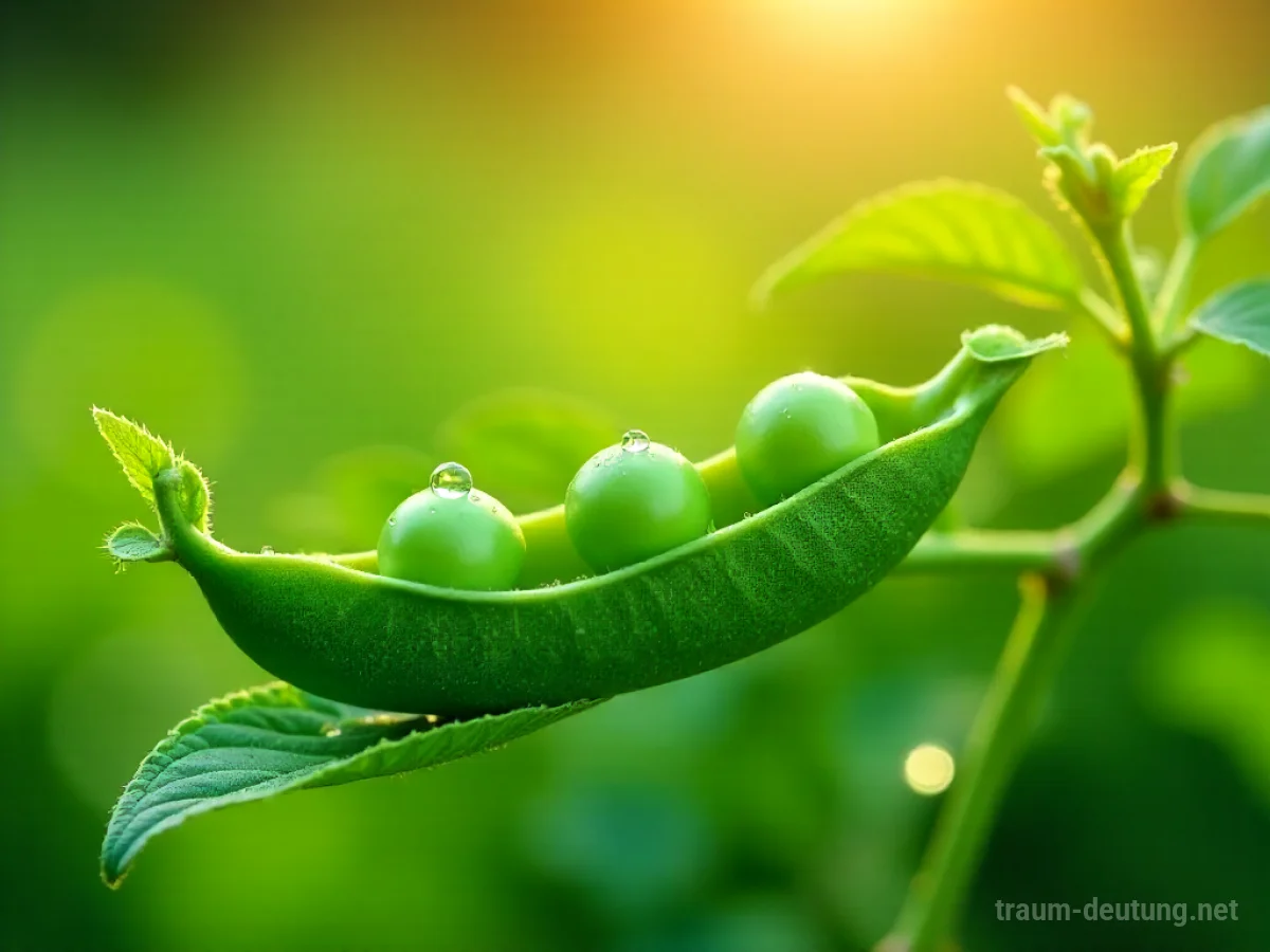 Traumsymbol Erbsen: Frische, grüne Erbsen in ihrer Schote, bedeckt mit Morgentau, im warmen Licht der goldenen Stunde in einem Garten.