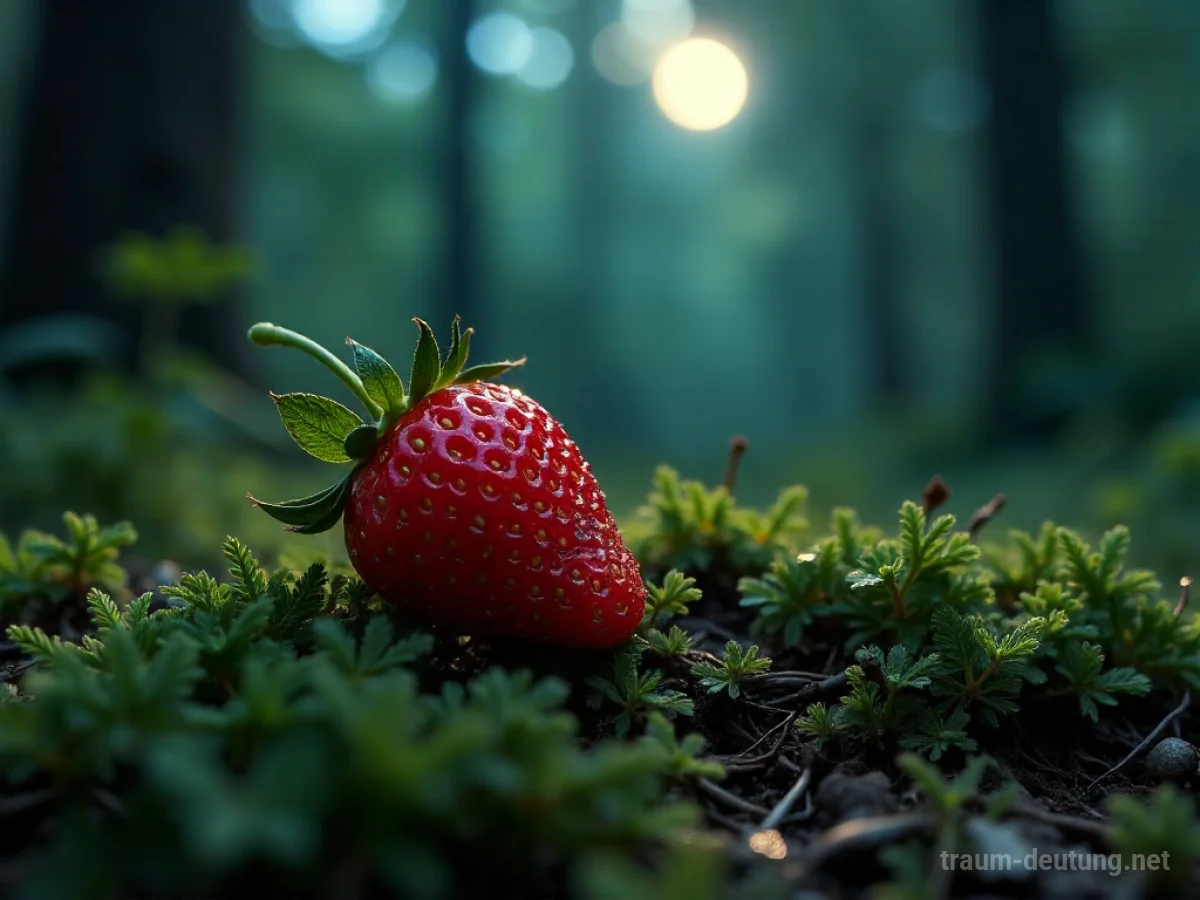Traumsymbol Erdbeere: Eine leuchtend rote, reife Erdbeere liegt auf moosigem Waldboden im sanften Mondlicht, umgeben von Farnen und feinem Nebel.