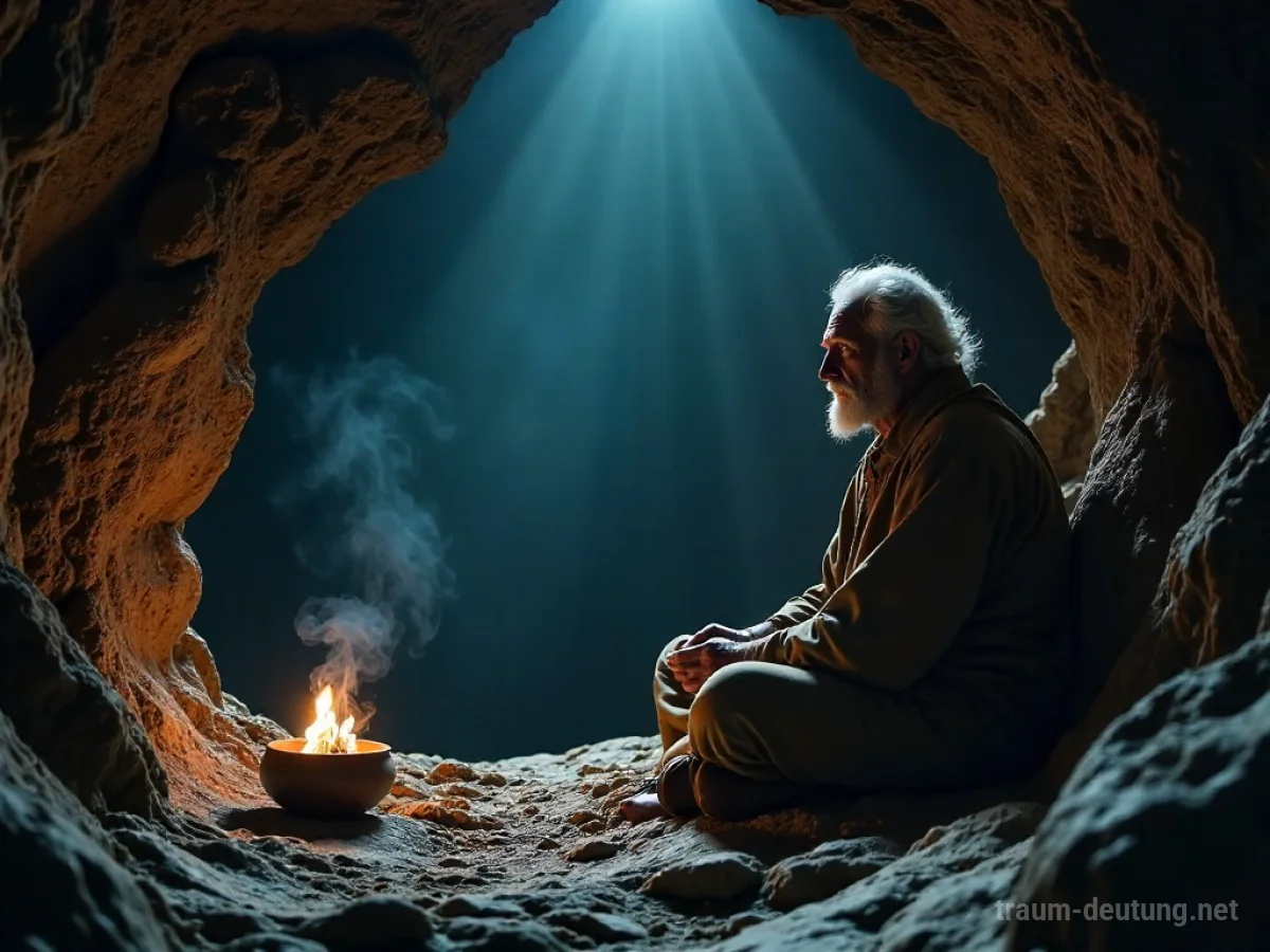 Traumsymbol Eremit: Ein alter Mann in einer dunklen Höhle meditiert im Schein des Mondlichts, umgeben von Stille und innerer Einkehr.