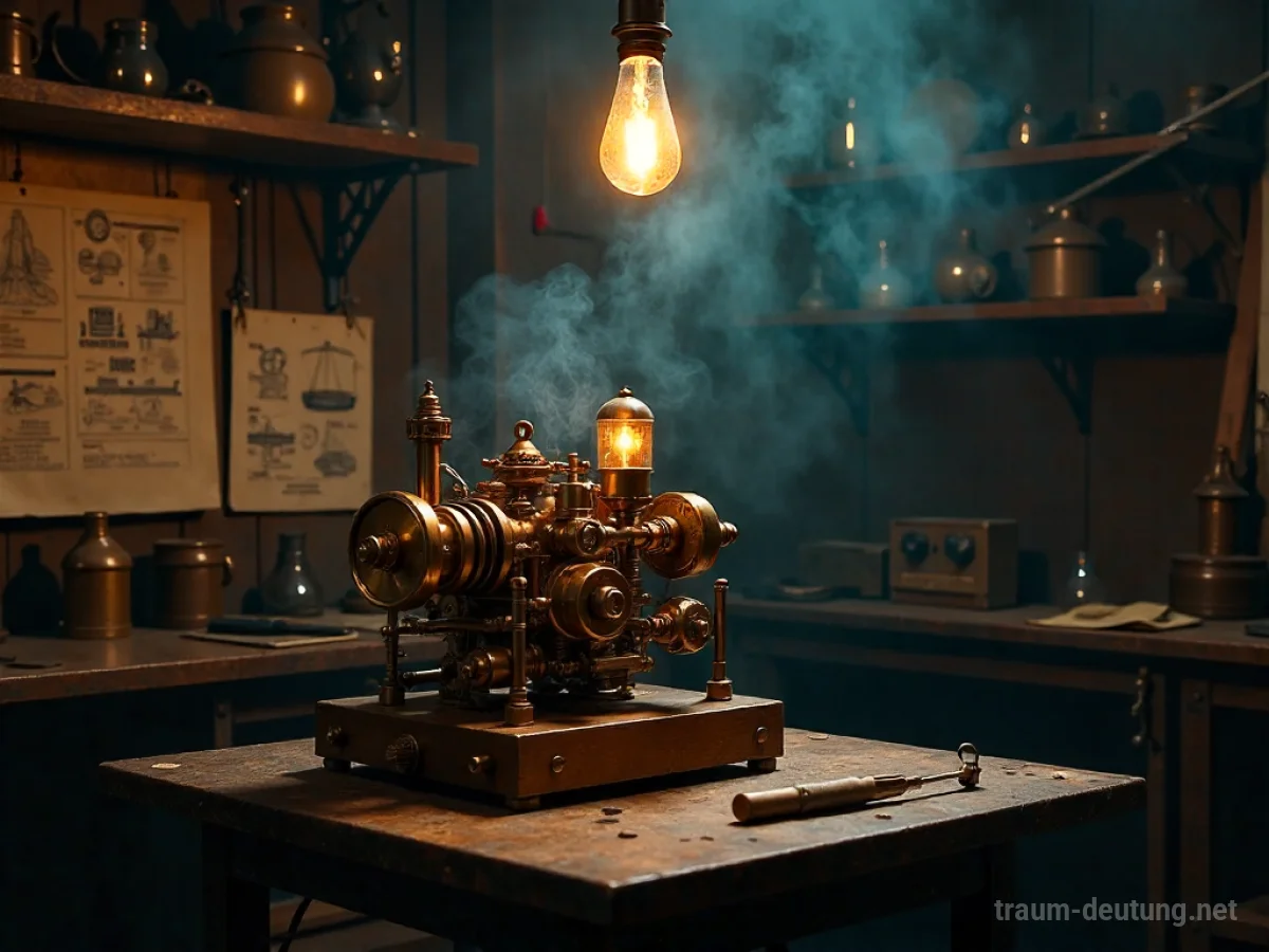 Traumsymbol Erfindung: Eine detailreiche, steampunk-inspirierte Maschine aus Messing und Kupfer leuchtet geheimnisvoll in einer Werkstatt, umgeben von Blaupausen und Werkzeugen.