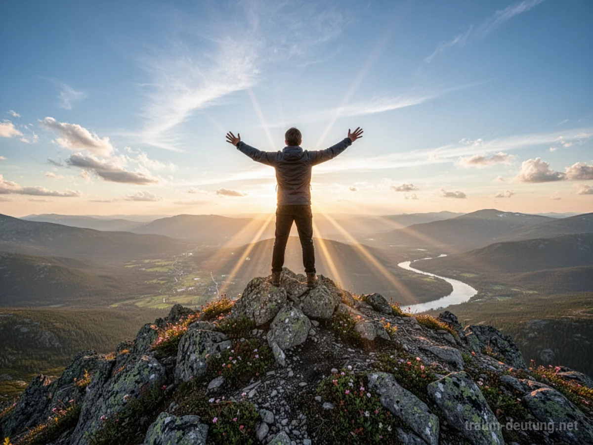 Traumsymbol Erfolg: Eine Person steht triumphierend auf einem Berggipfel im warmen Licht der aufgehenden Sonne, mit einer weiten Landschaft im Hintergrund.