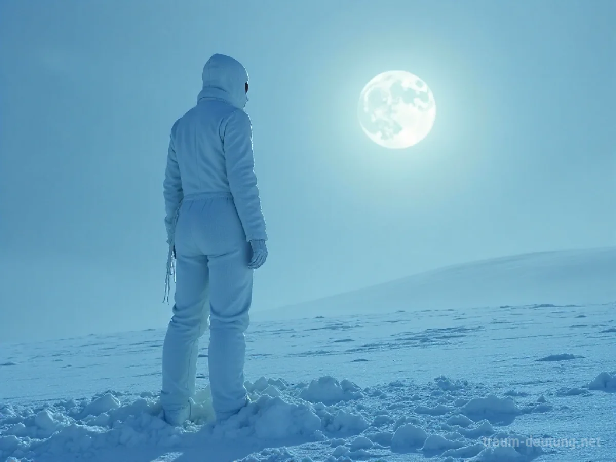 Traumsymbol Erfrieren: Eine einsame Figur steht erstarrt in einer eisigen, schneebedeckten Landschaft unter fahlem Mondlicht, von Frost bedeckt.