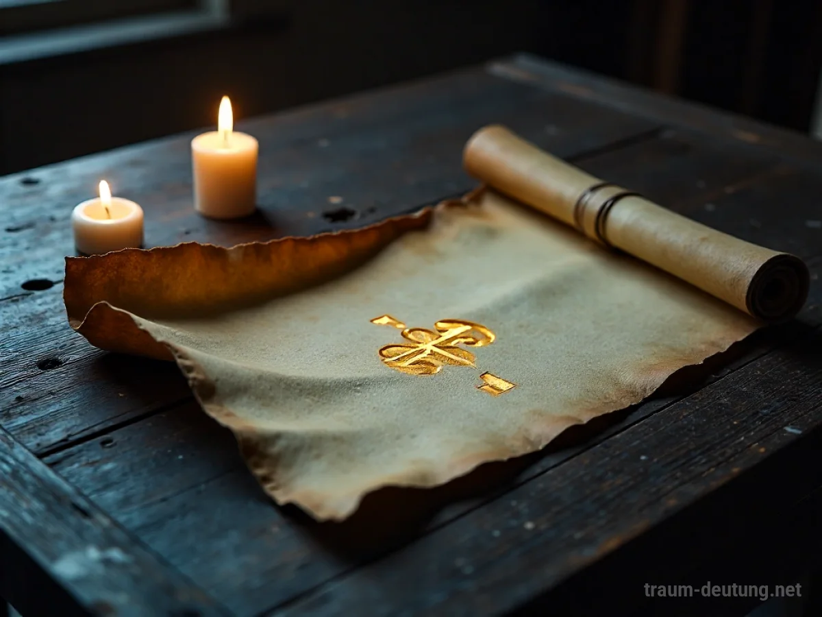 Traumdeutung Ergebnis: Eine gealterte Schriftrolle mit einer leuchtenden, goldenen Rune liegt auf einem dunklen Holztisch, umgeben von feinem Nebel und warmem Kerzenlicht.