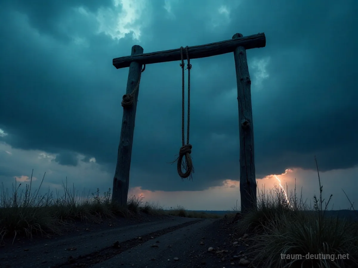 Traumsymbol Erhängen: Eine einsame Holzgalege steht vor einem stürmischen Dämmerungshimmel mit dunklen Wolken und entfernten Blitzen, ein Hanfseil hängt herab.