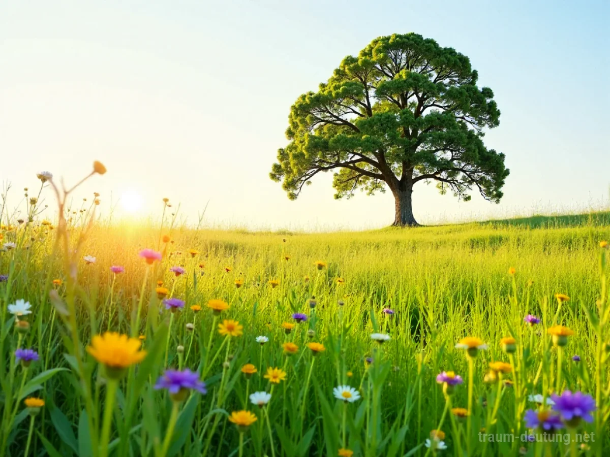 Traumsymbol Erholung: Eine friedliche, sonnenbeschienene Wiese mit wilden Blumen und einem alten Eichenbaum unter einem klaren blauen Himmel.