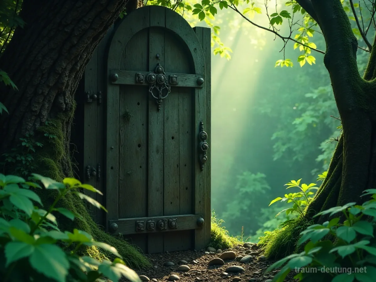 Traumsymbol Erlaubnis: Eine leicht geöffnete, alte Holztür in einem mystischen Wald, durch die sanftes Licht fällt.