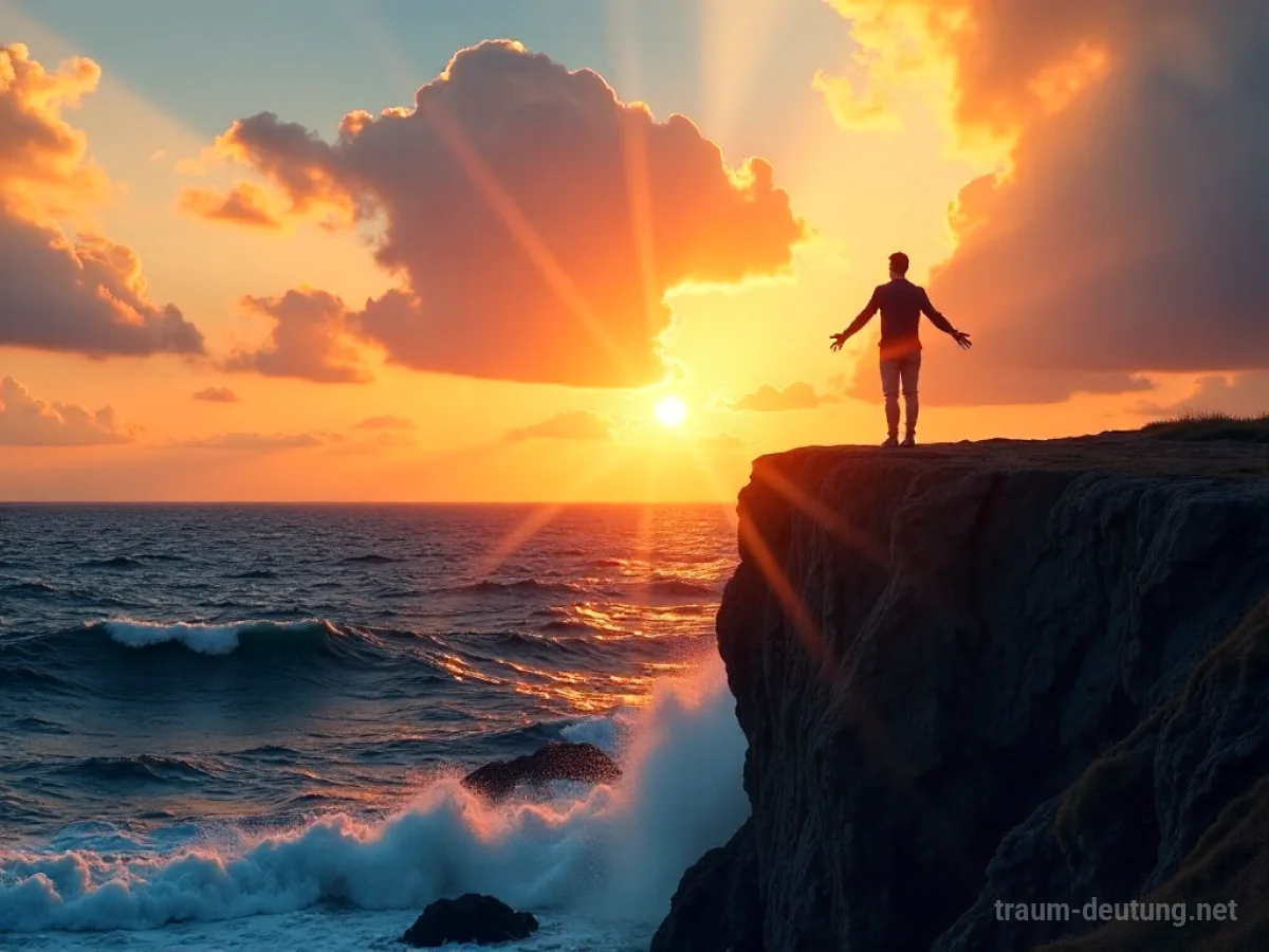 Traumsymbol Erlösung: Eine einsame Figur steht auf einer Klippe vor einem strahlenden Sonnenaufgang, während sich unter ihr das Meer beruhigt.