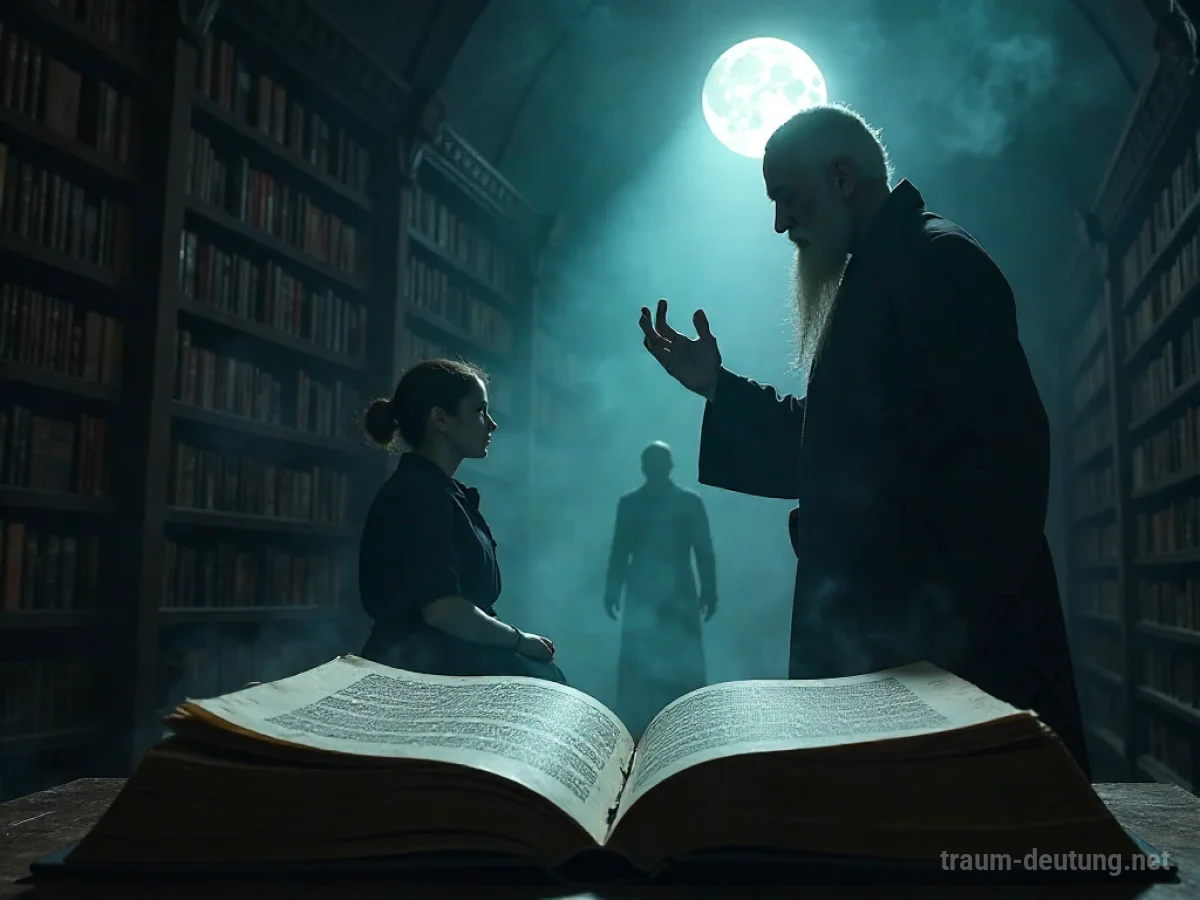 Traumdeutung Ermahnung: Eine geisterhafte Gestalt ermahnt eine schattenhafte Figur in einer alten Bibliothek im Mondlicht.