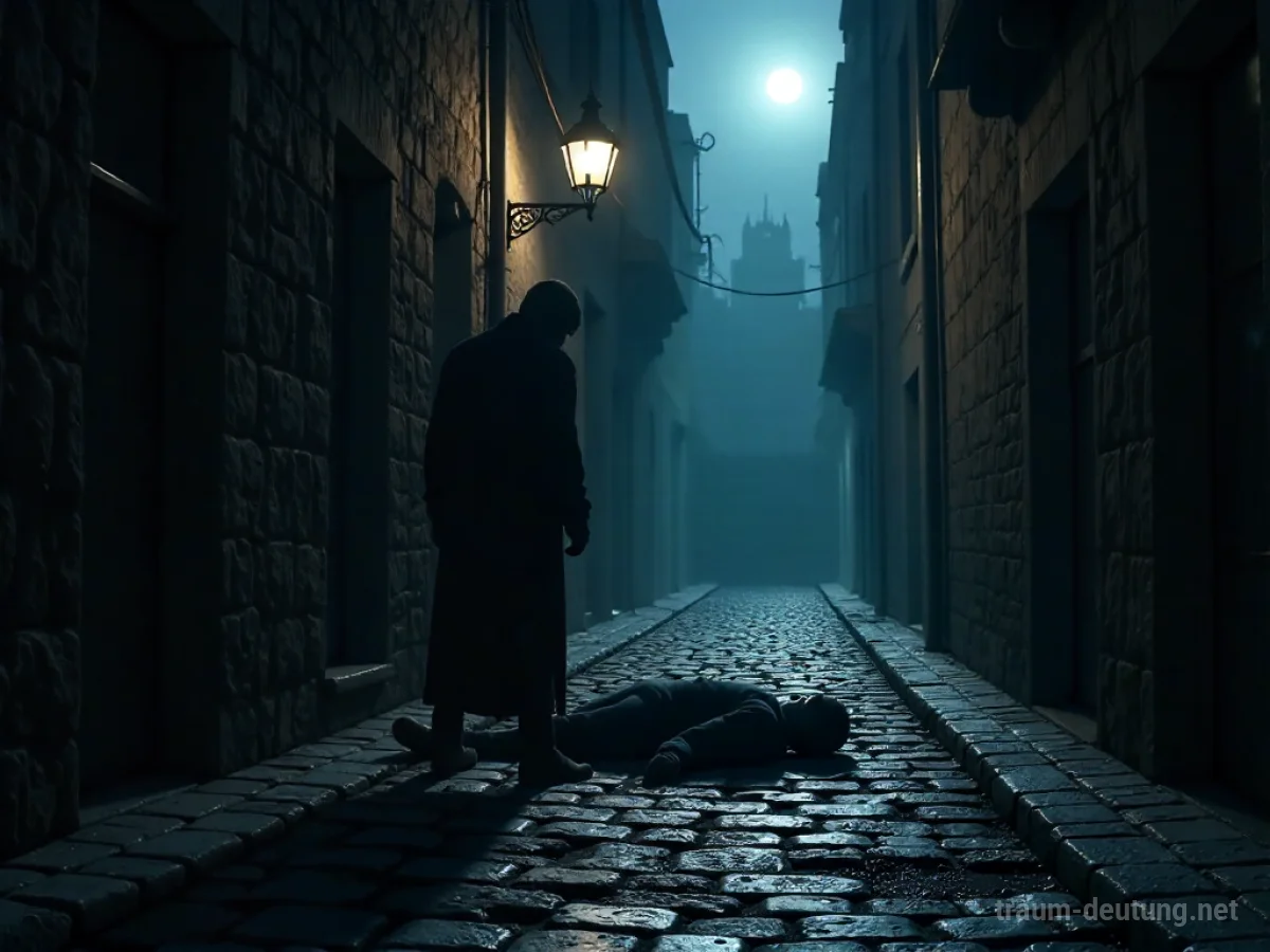 Traumsymbol Ermordung: Eine dunkle Gestalt steht über einer leblosen Form in einer schattigen Gasse, beleuchtet von spärlichem Mondlicht und einer flackernden Gaslaterne, die eine dunkle Flüssigkeit auf dem Kopfsteinpflaster reflektiert.