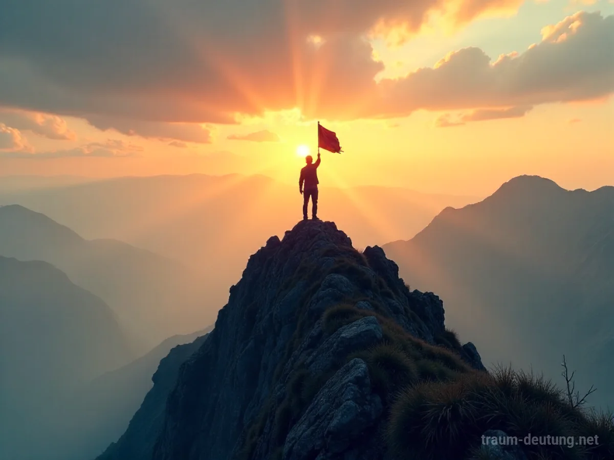 Traumsymbol Eroberung: Eine einsame Gestalt steht auf einem nebelverhangenen Berggipfel im goldenen Licht des Sonnenaufgangs und hält eine Fahne empor.