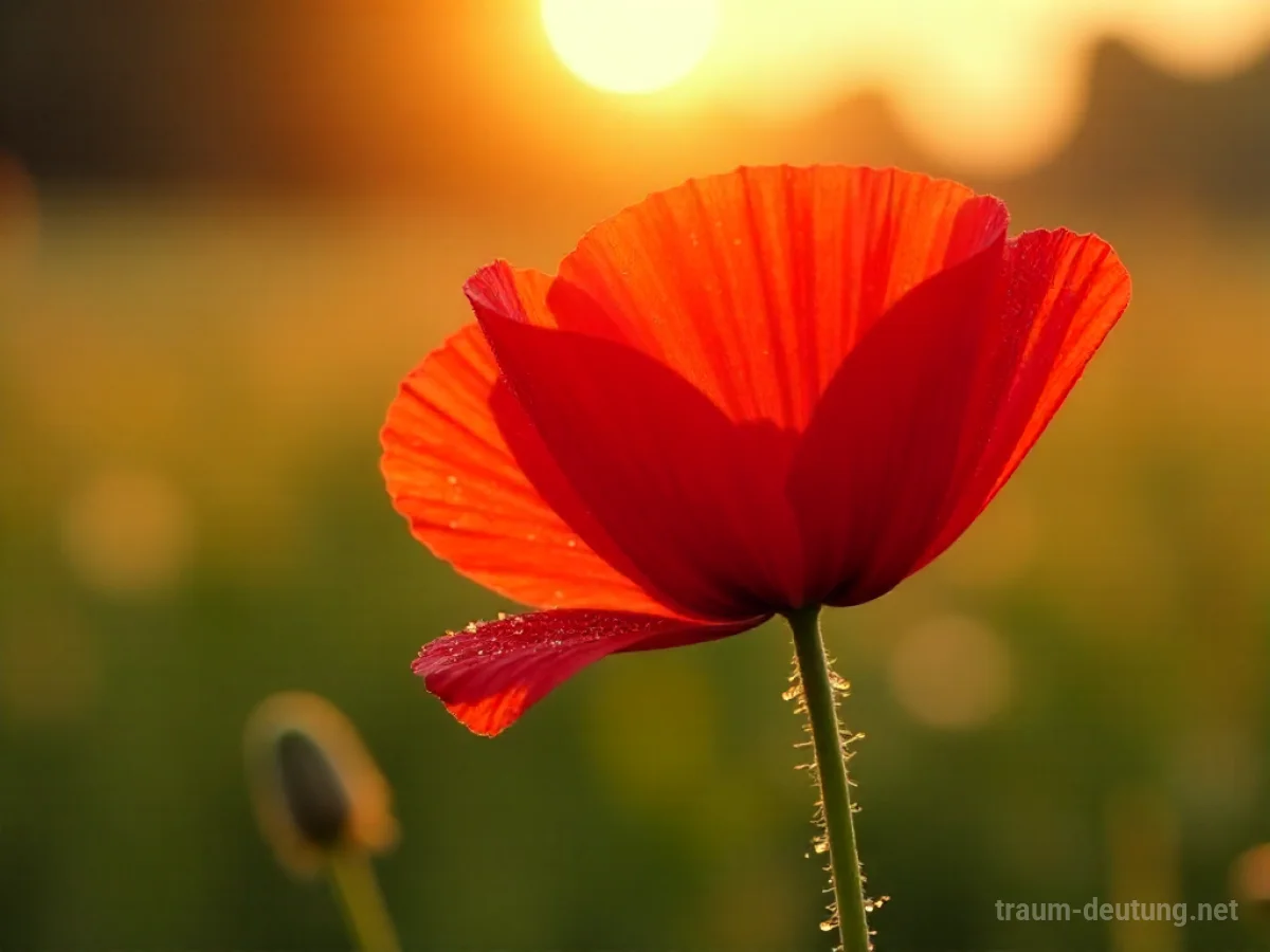 Traumsymbol Erregung: Eine einzelne, leuchtend rote Mohnblume im Morgentau, umgeben von einer sonnenbeschienenen Wiese bei goldenem Licht.