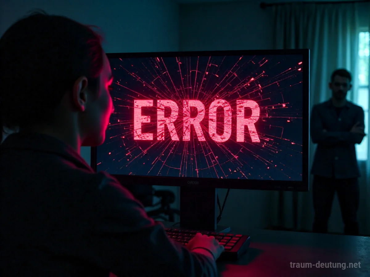 Traumsymbol Error: Ein fragmentierter, glühender Bildschirm zeigt eine rote Fehlermeldung inmitten einer chaotischen, dunklen Umgebung mit digitalen Artefakten.