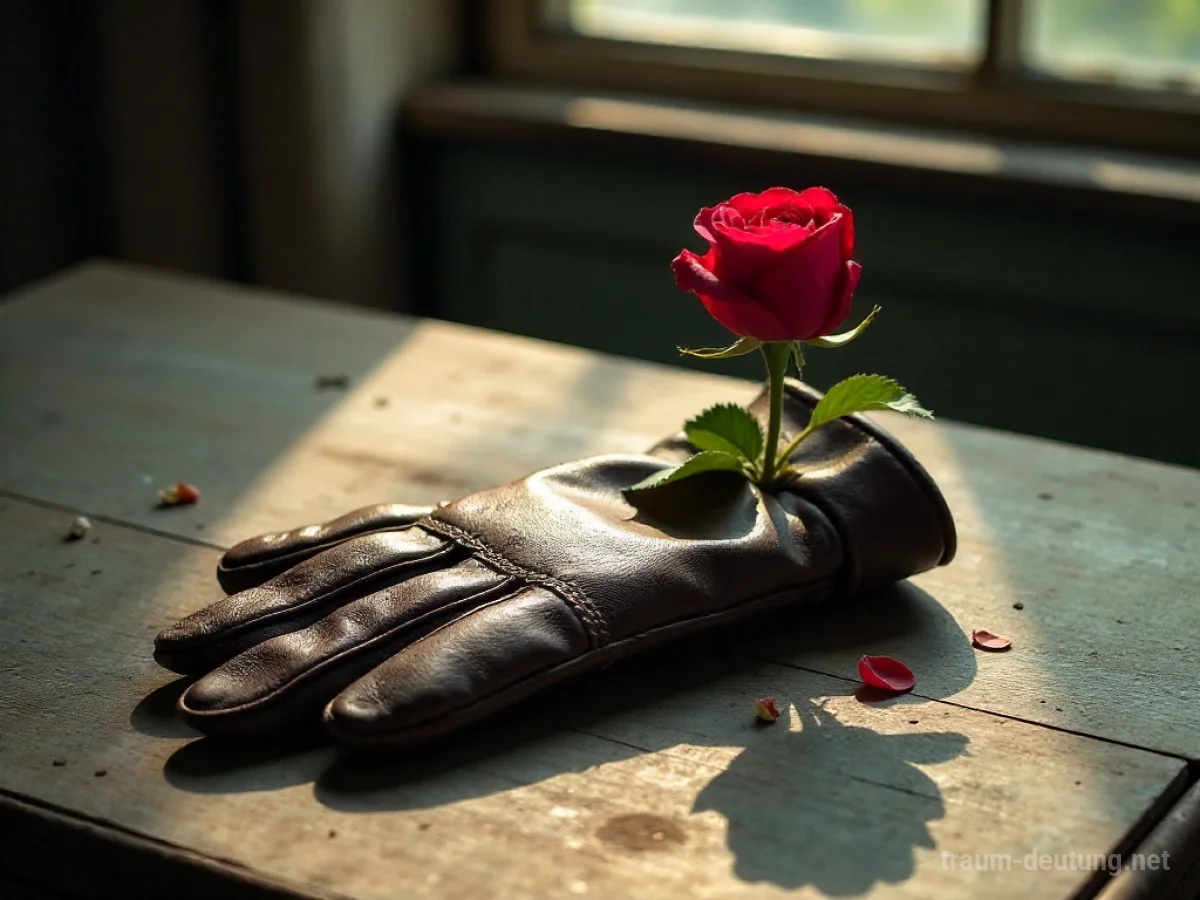 Traumsymbol Ersatz: Ein abgenutzter Lederhandschuh liegt auf einem Holztisch, darin eine rote Rose, symbolisch für einen Ersatz.