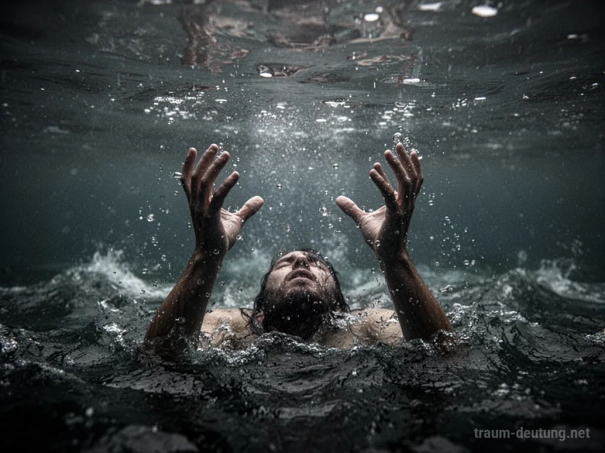 Traumsymbol Ertrinken: Hände kämpfen sich aus dunklem, aufgewühltem Wasser nach oben, Wassertropfen in der Luft erstarrt, bedrückende Atmosphäre.