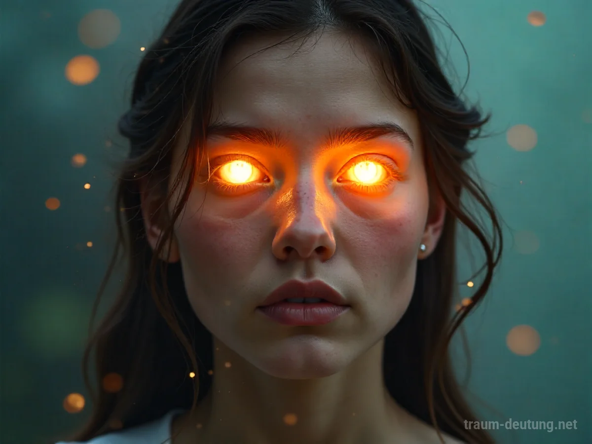 Traumsymbol Erwachen: Augen öffnen sich und strahlen inneres Licht aus, umgeben von sanftem Nebel und goldenen Partikeln.