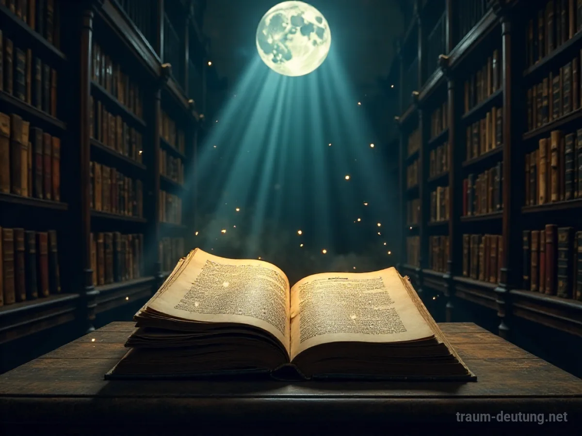 Traumdeutung Erzählung: Eine alte Bibliothek mit leuchtenden Büchern im Mondlicht, die verborgenes Wissen und innere Geschichten symbolisieren.