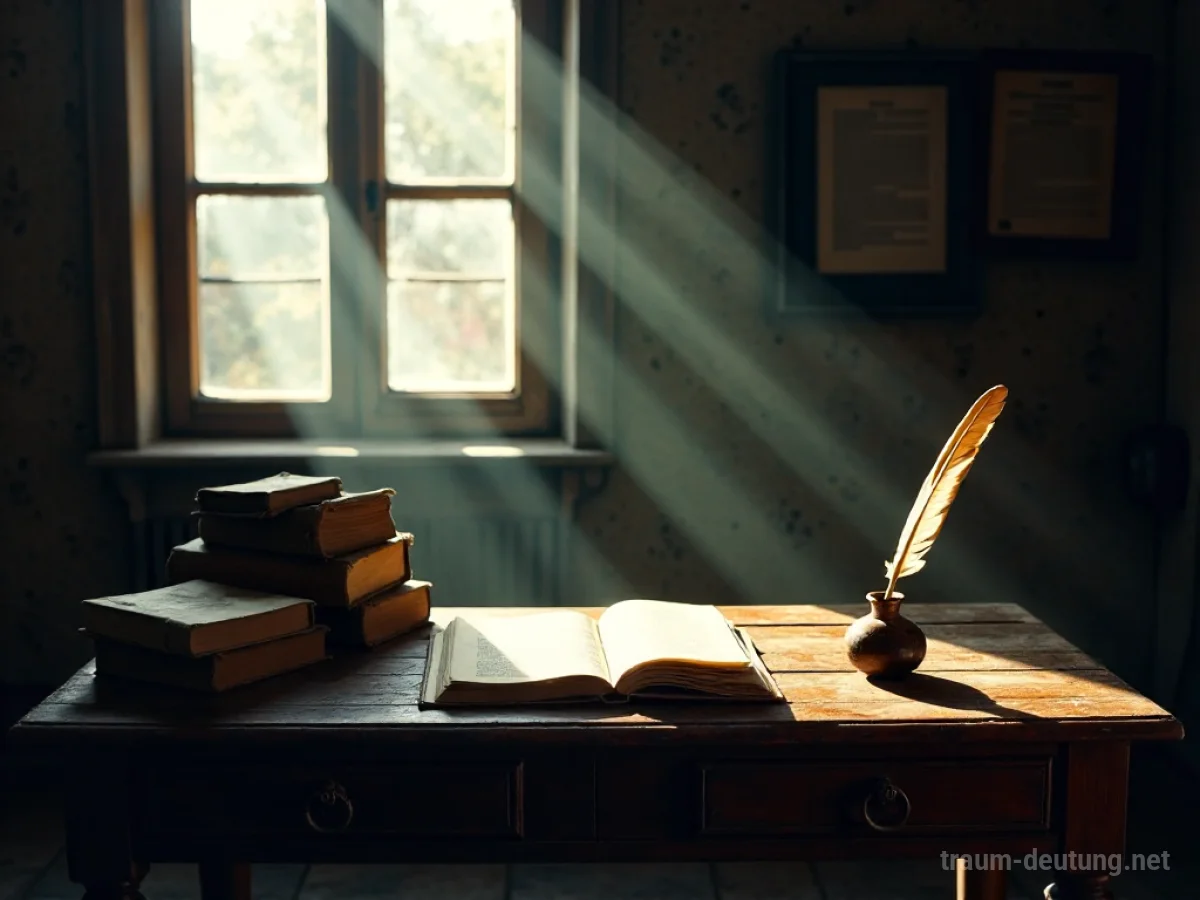 Traumdeutung Erziehung: Ein antiker Schreibtisch in einem staubigen Studierzimmer, beleuchtet von einem Sonnenstrahl, der auf offene Bücher und eine Feder fällt.