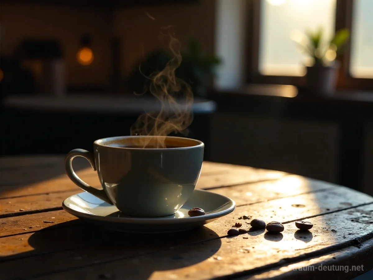 Traumsymbol Espresso: Eine dampfende Tasse dunkler Espresso steht auf einem rustikalen Holztisch in einem schwach beleuchteten Café, umgeben von vereinzelten Kaffeebohnen.