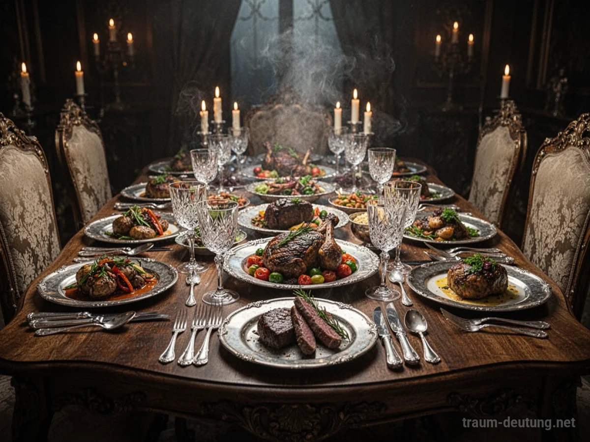 Traumdeutung Essen: Ein opulent gedeckter Esstisch mit dampfenden Speisen, Kerzenlicht und glänzenden Utensilien in einer geheimnisvollen Atmosphäre.