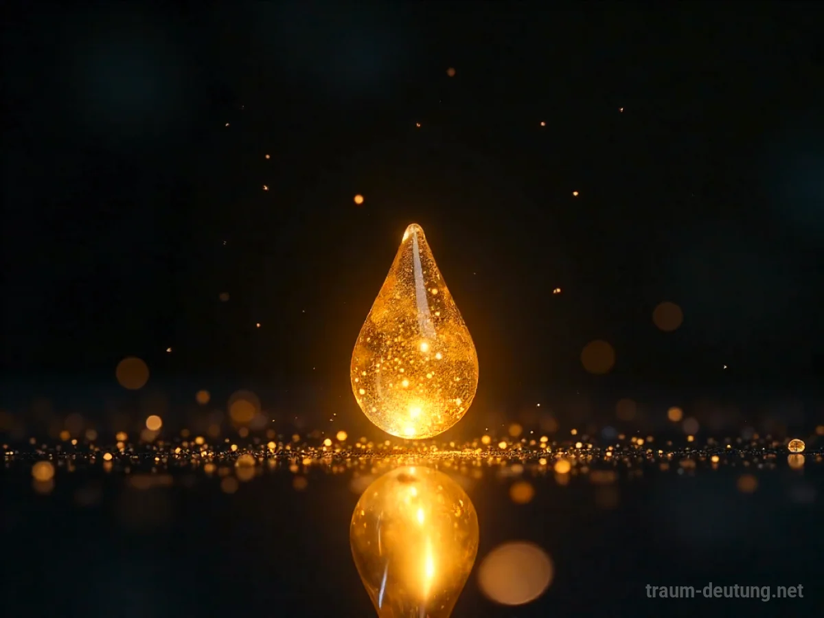 Traumsymbol Essenz: Ein einzelner, leuchtender Tropfen reinen goldenen Lichts schwebt in absoluter Dunkelheit, umgeben von Sternenstaub.