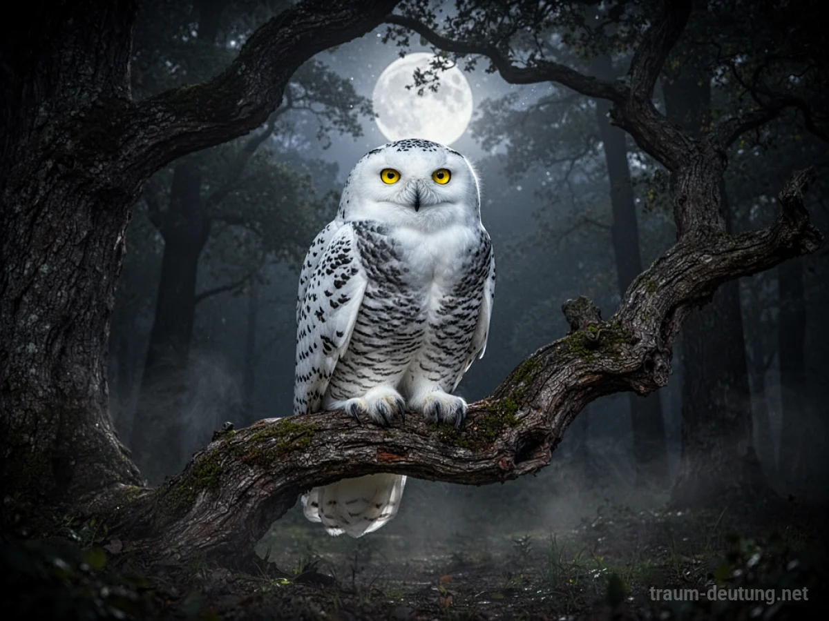 Traumsymbol Eule: Eine majestätische Schneeeule sitzt auf einem knorrigen Ast im Mondlicht eines dunklen Waldes.