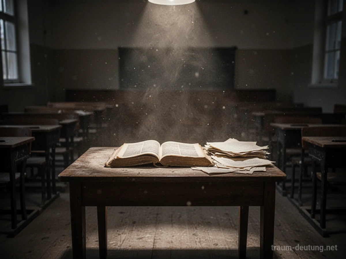 Traumdeutung Examen: Ein einzelner Schreibtisch in einem alten Prüfungsraum, beleuchtet von einem Lichtstrahl, mit aufgeschlagenem Buch und verstreuten Papieren.