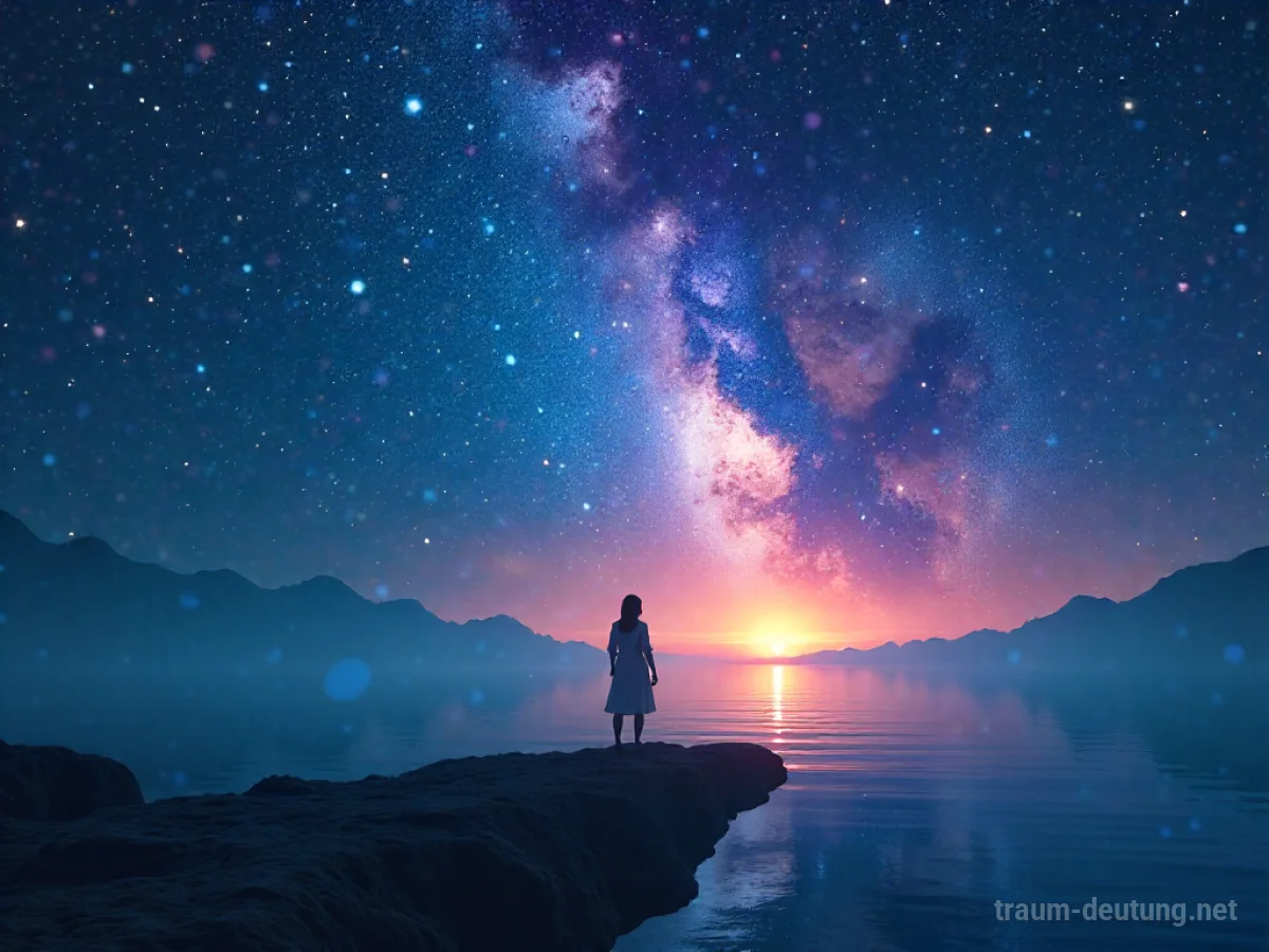 Traumsymbol Existenz: Eine ätherische Silhouette steht am Rande eines kosmischen Ozeans, umgeben von Nebeln, im sanften Licht.