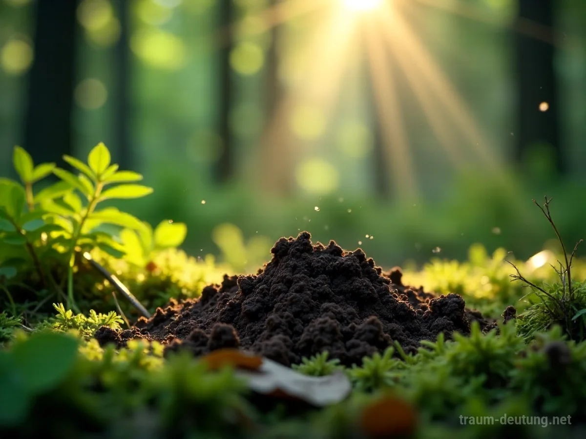 Traumsymbol Exkrement: Dunkle, erdige Exkremente liegen auf einem moosigen Waldboden, beleuchtet von sanften Sonnenstrahlen.