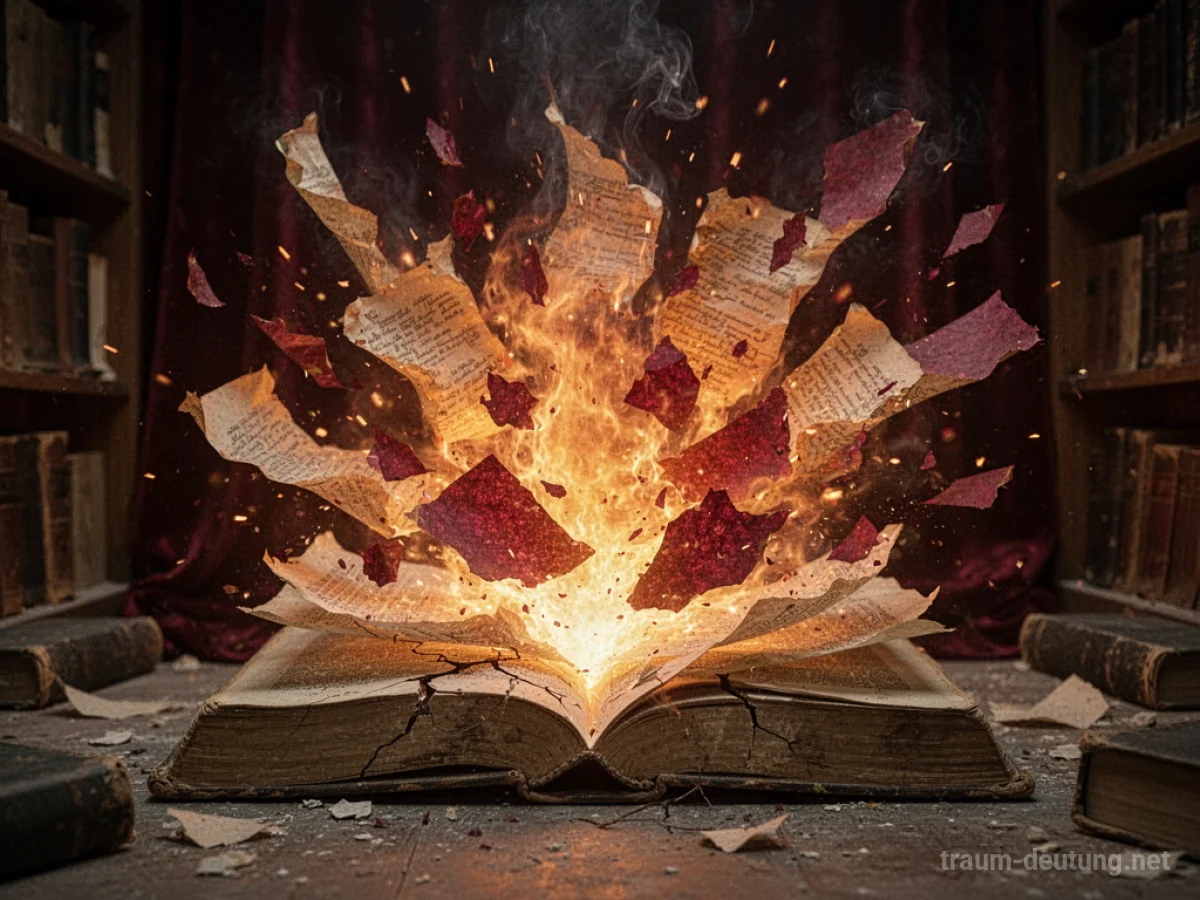 Traumsymbol Explosion: Eine surrealer Explosionsausbruch aus einem antiken Buch in einer staubigen Bibliothek, mit leuchtenden Fragmenten und Rauch.
