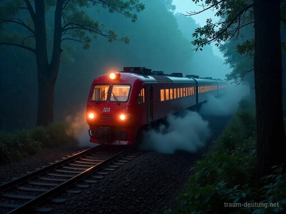 Traumsymbol Express: Ein roter Expresszug rast nachts durch einen nebligen Wald, sein Scheinwerfer durchschneidet den Nebel.