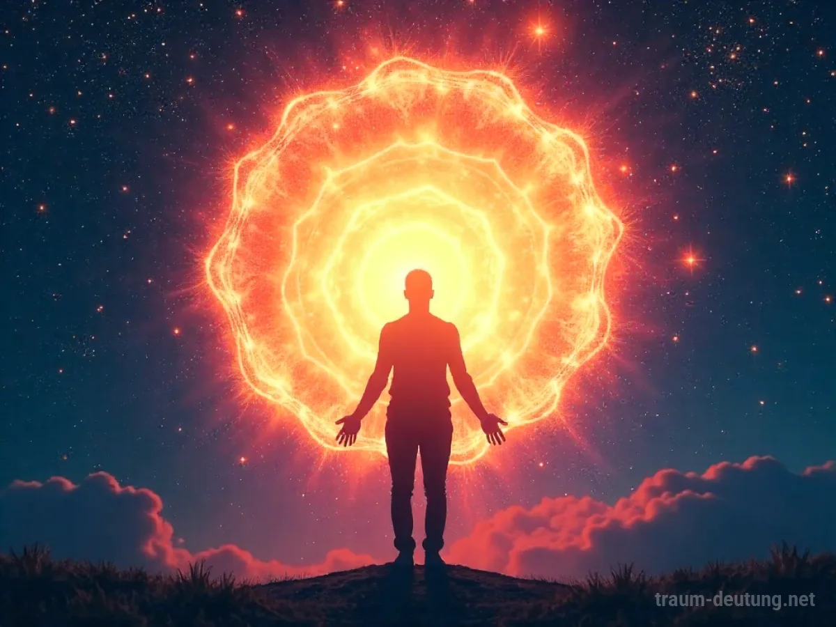 Traumsymbol Extase: Eine Silhouette ist in einen leuchtenden, wirbelnden Lichtvortex gehüllt, der tiefe Freude und spirituelles Erwachen symbolisiert.