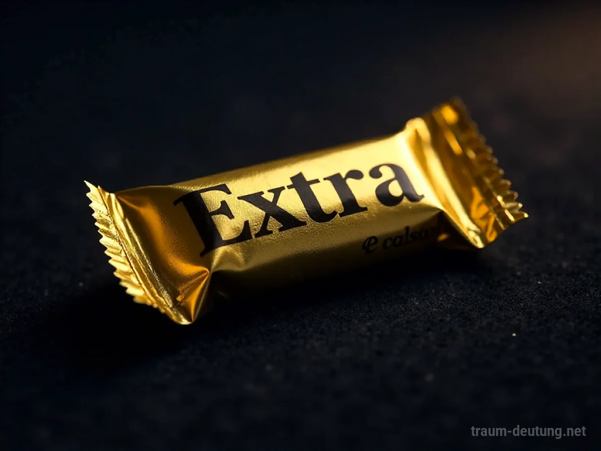 Traumdeutung Extra: Eine goldene 'Extra'-Süßigkeiten-Verpackung liegt allein auf dunklem Samt, sanft beleuchtet.