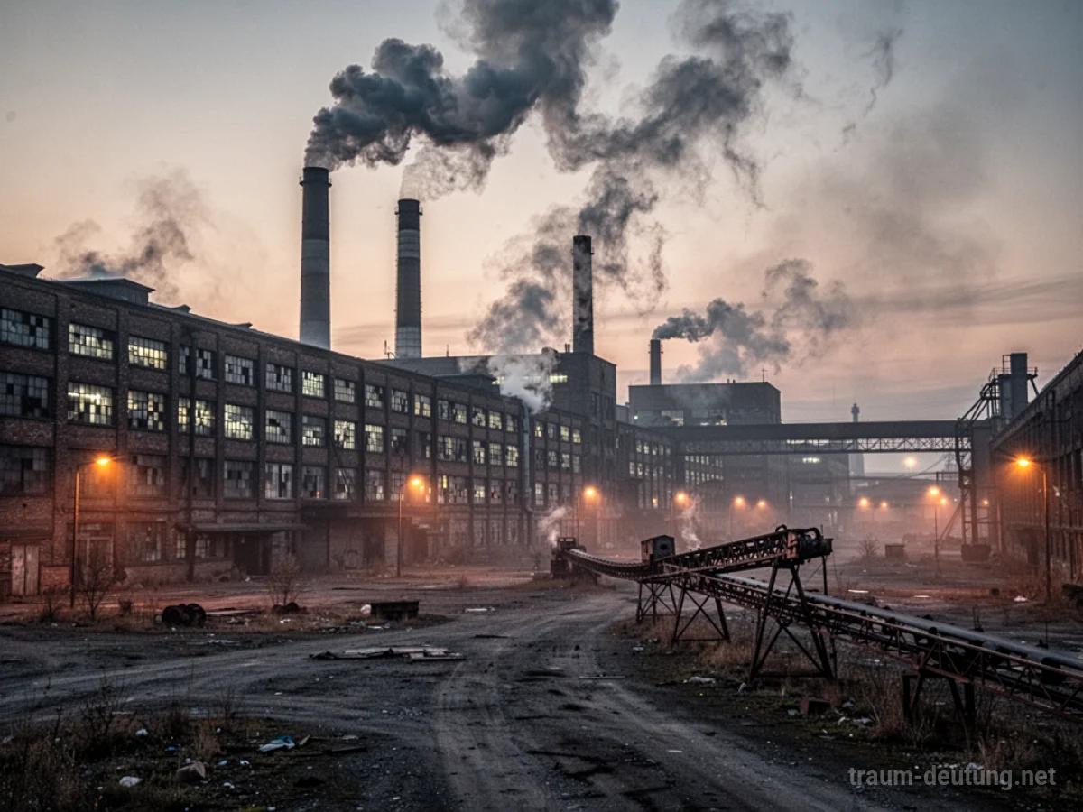 Traumsymbol Fabrik: Eine weitläufige Fabrikanlage im Dämmerlicht mit rauchenden Schornsteinen und einem verlassenen Hof.