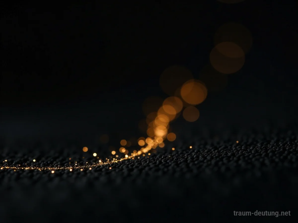 Traumsymbol Faden: Ein einzelner, feiner, schimmernder goldener Faden erstreckt sich in die Dunkelheit, beleuchtet von einem sanften, ätherischen Licht.