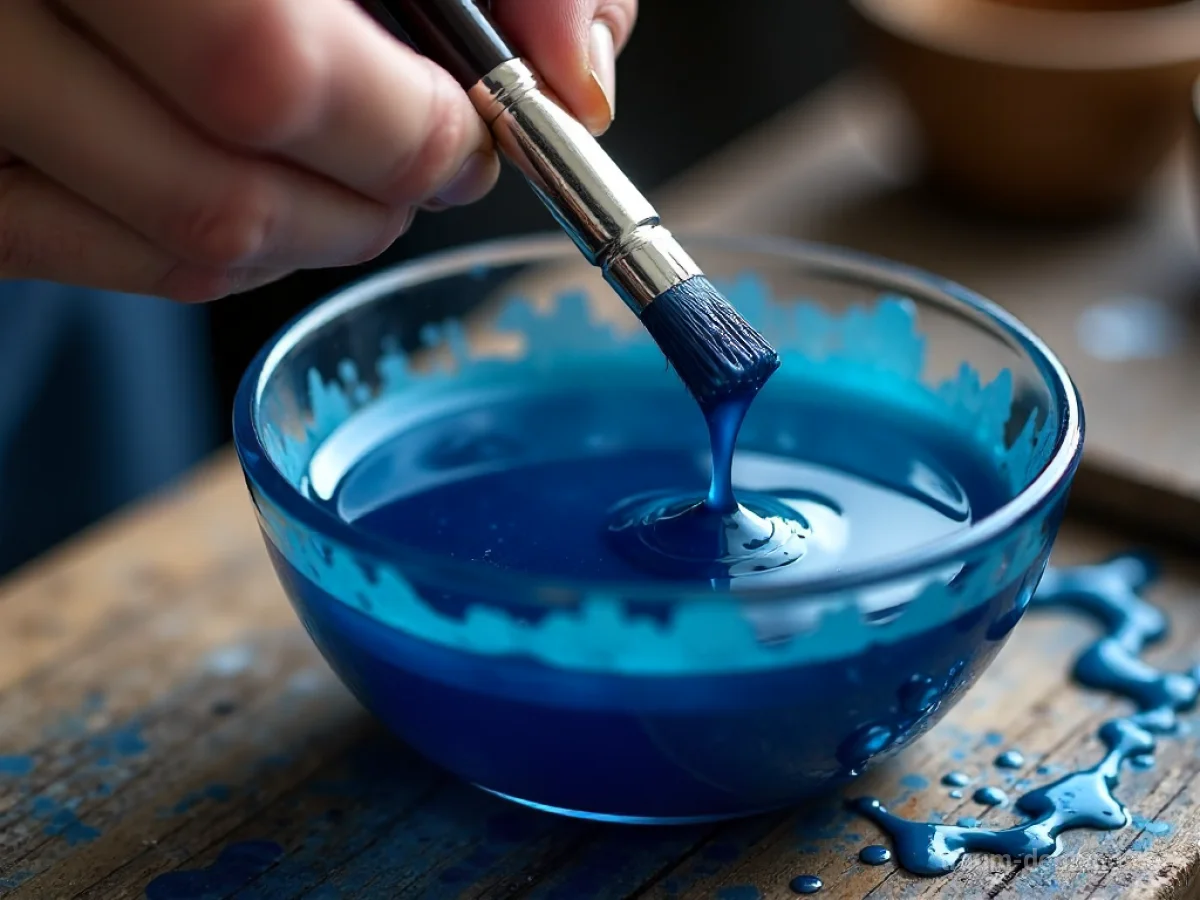 Traumdeutung Färben: Malerhände tauchen Pinsel in tiefblaue Farbe mit Fokus auf Transformation.