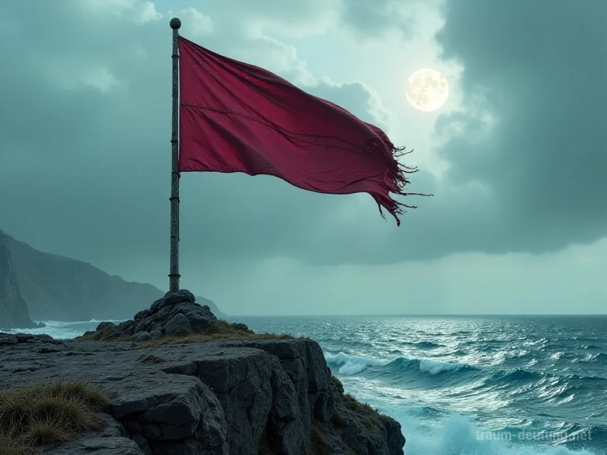 Traumdeutung Fahne: Eine zerfetzte, verwitterte Fahne im Wind auf einem einsamen Felsen über einem stürmischen Meer, beleuchtet von spärlichem Mondlicht.