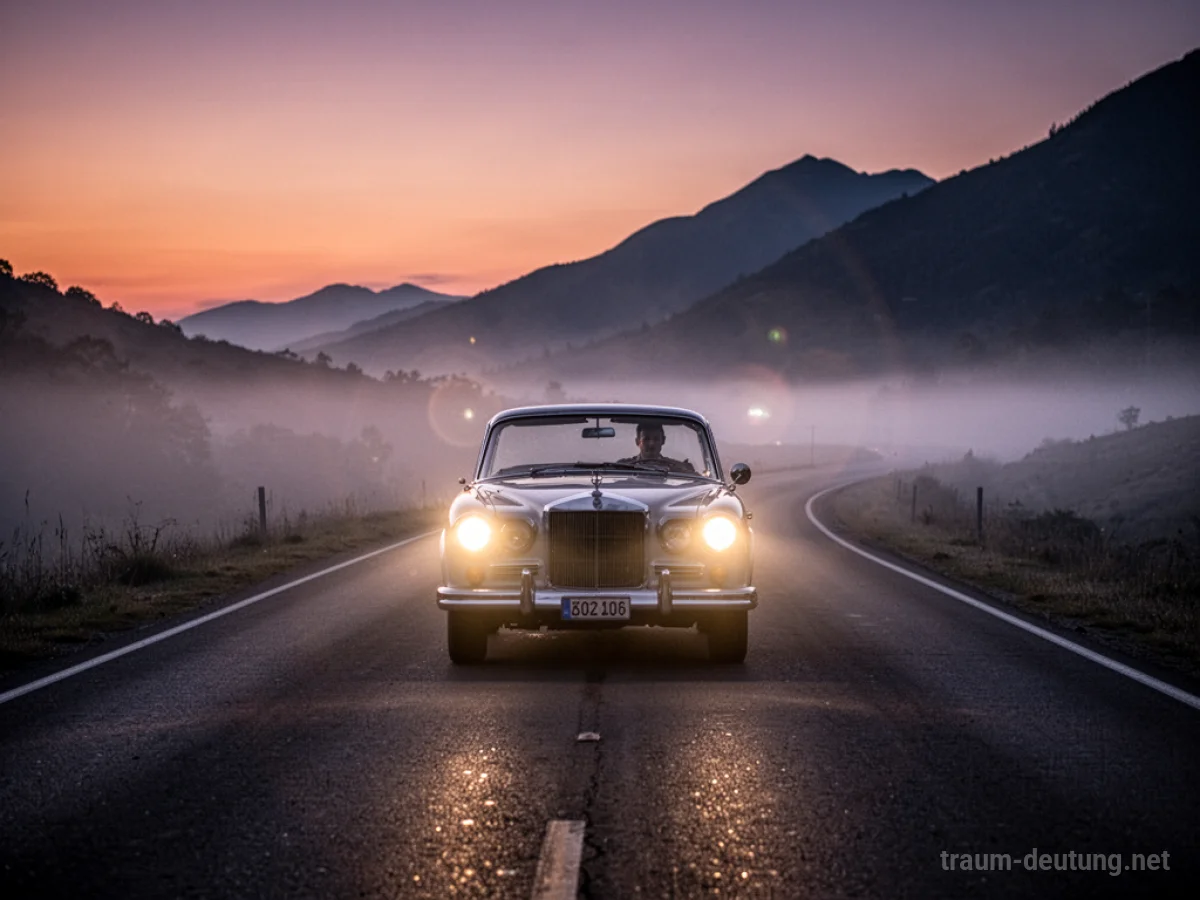 Traumdeutung Fahren: Eine Person fährt ein altes Auto auf einer einsamen Straße im Nebel bei Sonnenuntergang.
