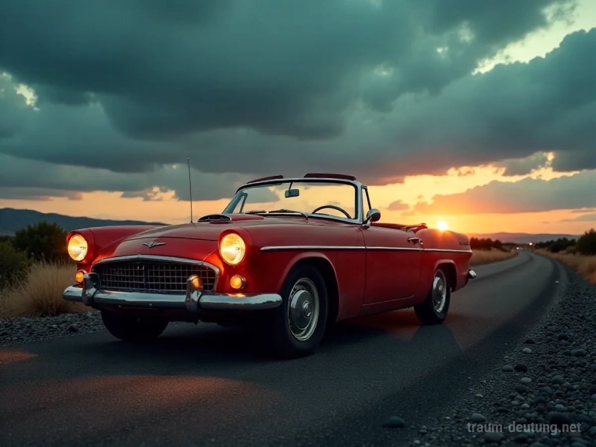 Traumsymbol Fahrzeug: Ein roter Oldtimer-Cabriolet steht auf einer einsamen, rissigen Asphaltstraße unter einem dramatischen Dämmerungshimmel mit Nebelschwaden.