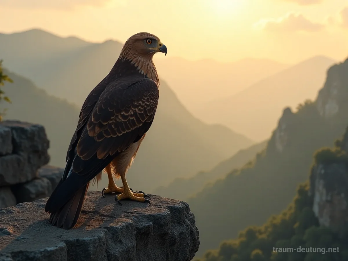 Traumsymbol Falke: Ein majestätischer Falke sitzt auf einer alten Steinruine und blickt auf ein nebelverhangenes Tal im Morgengrauen, beleuchtet von goldenem Sonnenlicht.